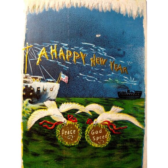 Antique New Years Postcard Ship Boats Harbor Seagulls Peace God Speed Series 209 - Picture 4 of 4